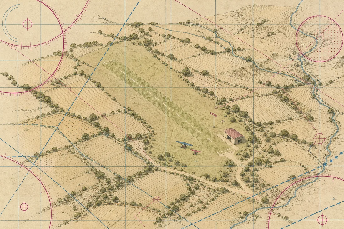 Campo de vuelo ULM español visto desde arriba, estilo carta aeronáutica